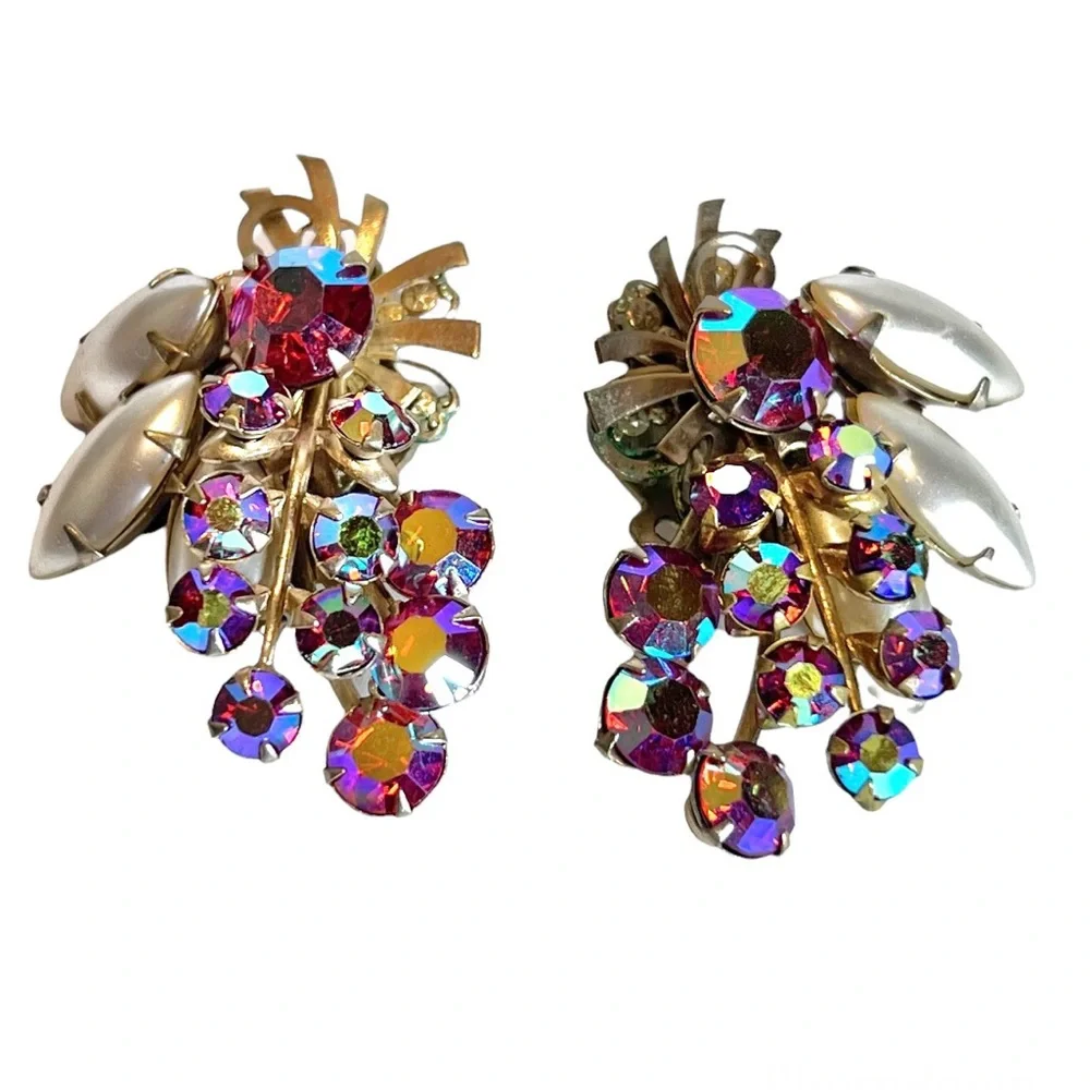Retro Rhinestone Dazzlers Vintage Rhinestone Earrings Ear Clips Pink Iridescent